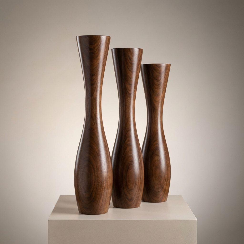 Ahşap vazo — koyu ceviz tonu detay